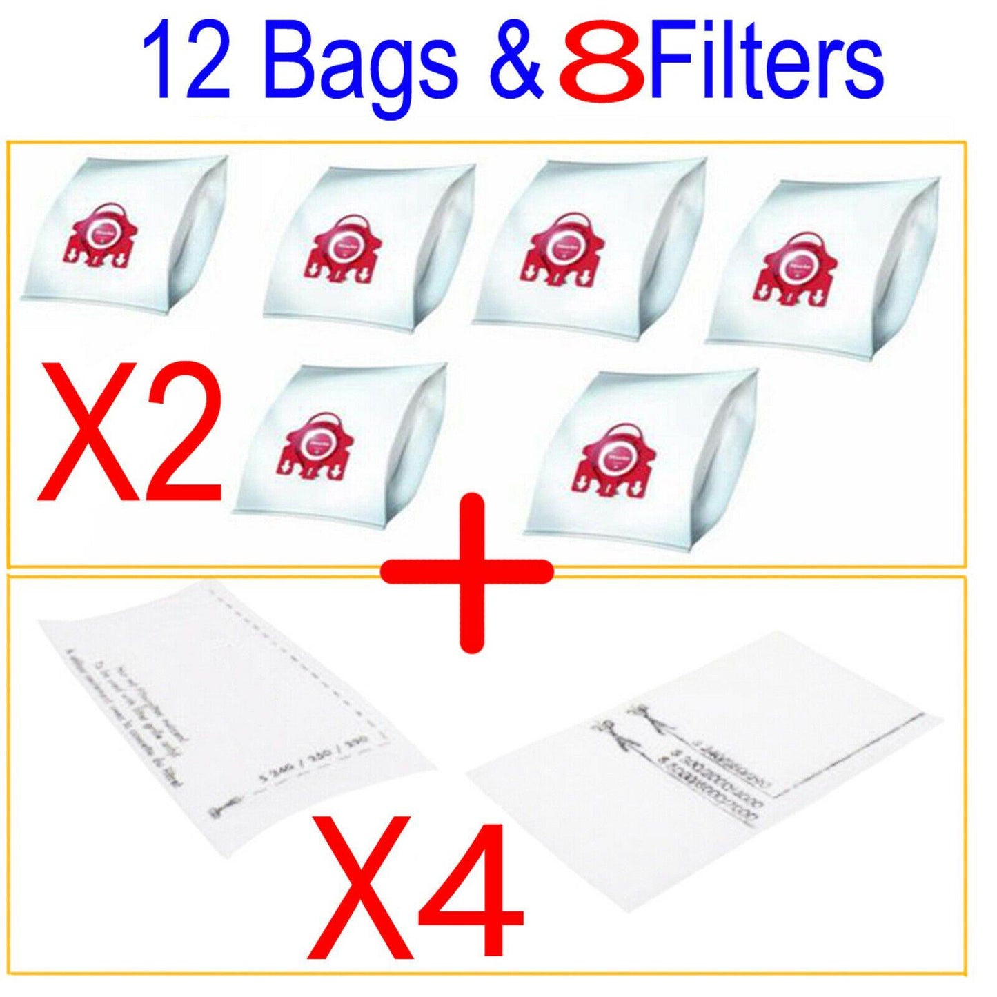 12 Synthetic Bags & 8 Filters For Miele S700-S758 S6000-6999 S247i S247 Vacuum Sparesbarn